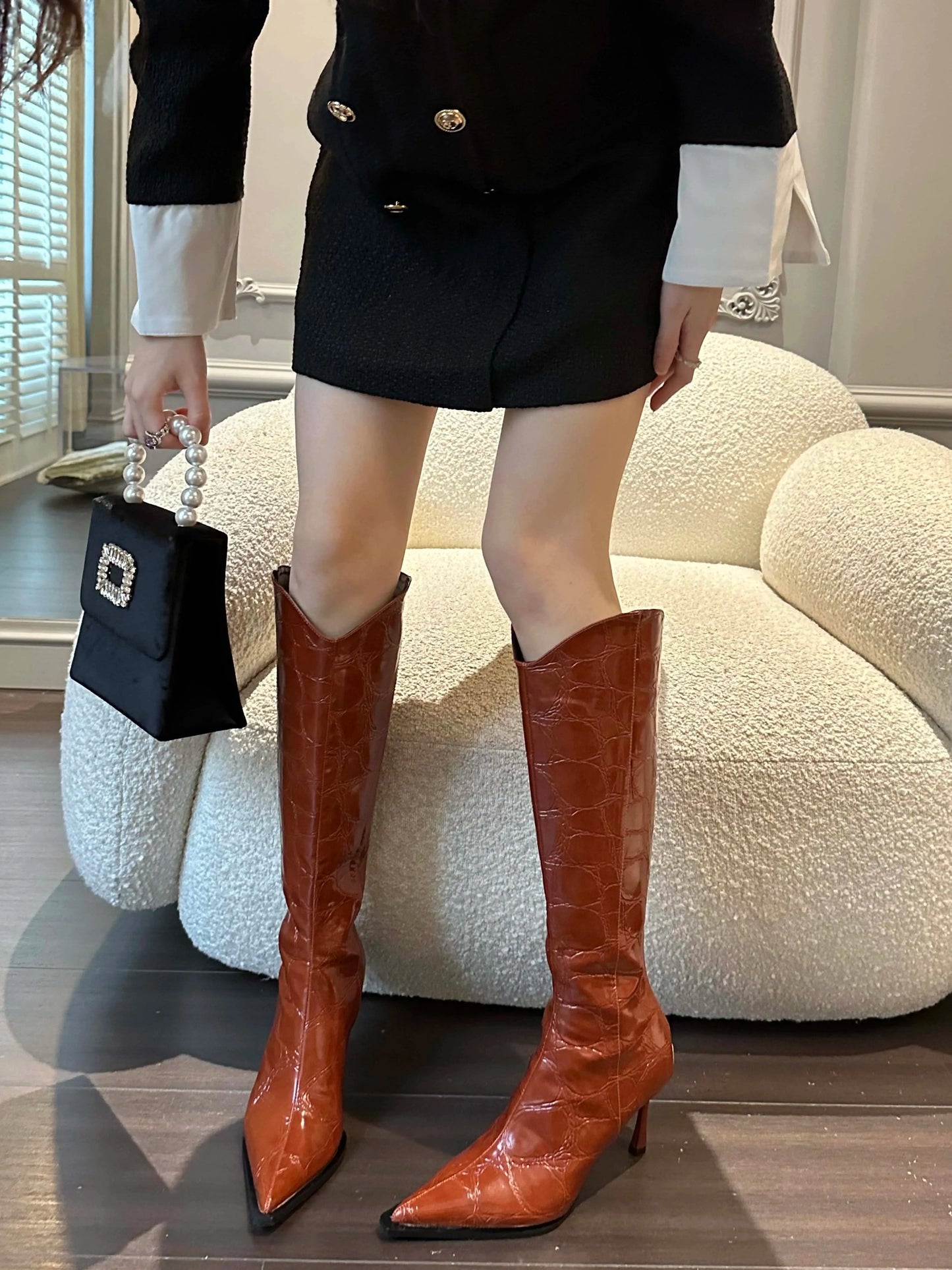 36 / Brown New 2024 autumn and winter pointed stiletto heel European and American fashion high heel boots