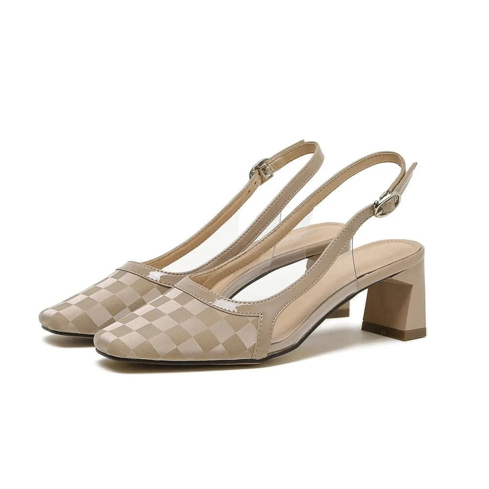 36 / Cream-apricot Women Shoes 2023 Vintage Plaid Pattern Square Toe Sandals Wrap-toe Ankle Strap Chunky Heels Sandals Ladies Dating Shopping Shoes