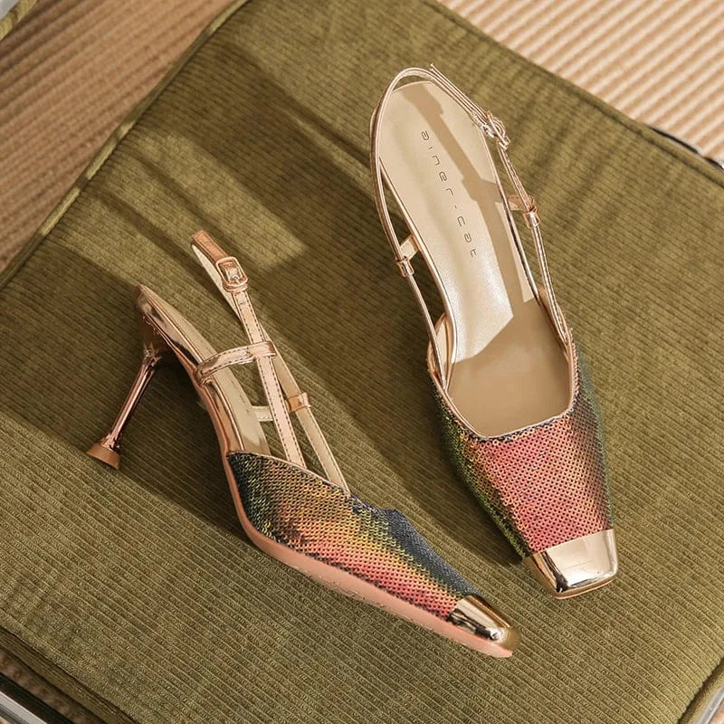 36 / Gold 7.5cm Chaussures Femme Luxury Shiny Metal Sequined Decor Shoes Square-toe Slingback High Heel Sandals Ladies Party Nightclub Sandalias