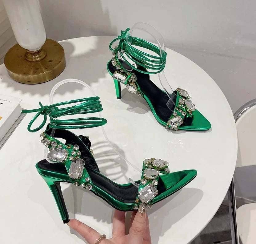 36 / Green 8.5CM229-1 Liu Ming Fashionable New Arrivals Women Sexy Bling Crystal Party Sandals Luxury Rhinestone Strap Cross Shoes High Heel