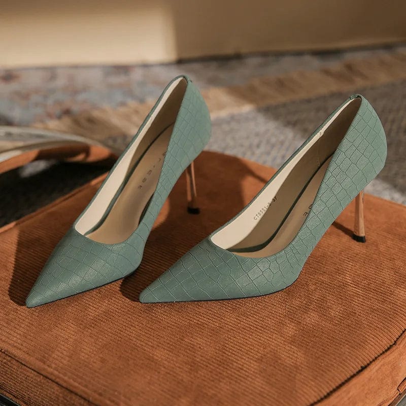 36 / Green 8cm New Women Stilettos Retro Synthetic Leather Crocodile Print Shoes Solid Color Pointed-toe High Heeled Pumps Ladies Banquet Shoes
