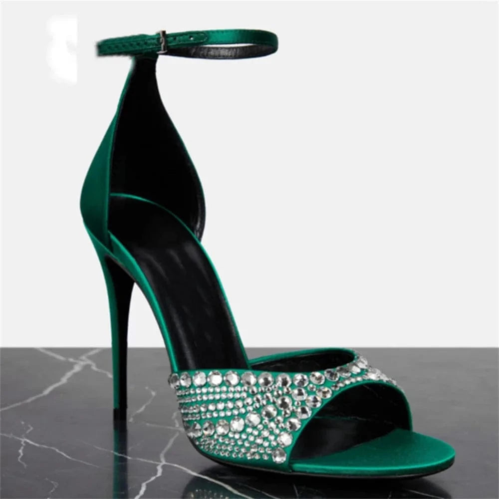 36 / Green Women Casual Sandals Versatile Rhinestone Decor Zapatos De Mujer Hollow Out Ankle Strap High Heel Sandals Ladies Party Sandalias