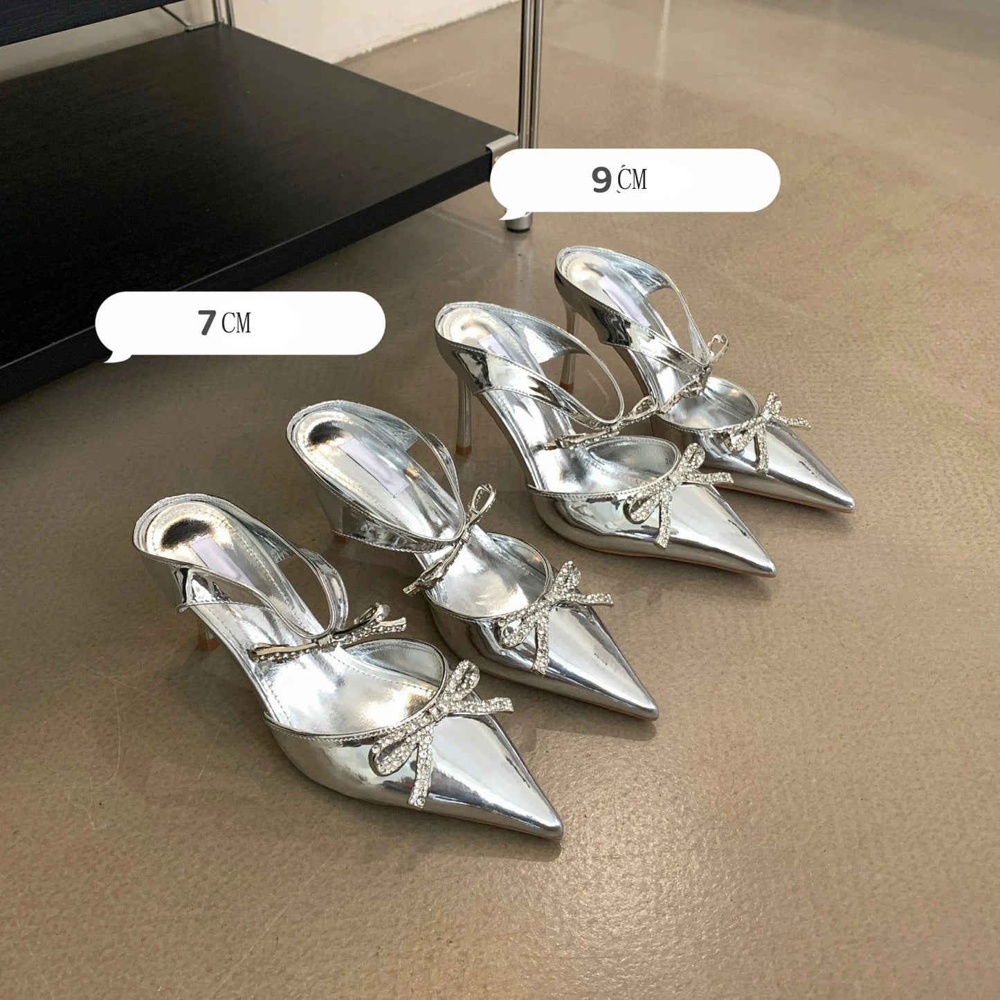 36 / Grey Aneikeh Sexy Grey Slip-On PU Pointed Slingbacks Single Shoe Shallow Wedding Dress Women Crystal Bow Stiletto Heels Summer 2023