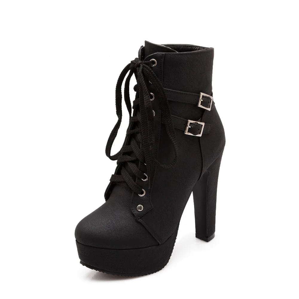36,insole length 230MM / Black Round Toe PU Leather Platform Lace Up Ankle Boot Plus Women Martin Boots Sexy Ladies High Heel Shoes