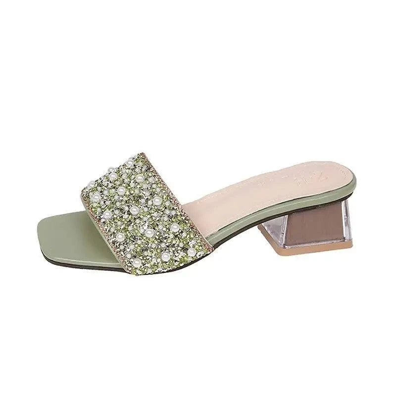 36,Insole length 230MM / green1 rhinestones Slippers women rough high heels flip-flops lazy bow rhinosin cool drag women shoes large size 35-43