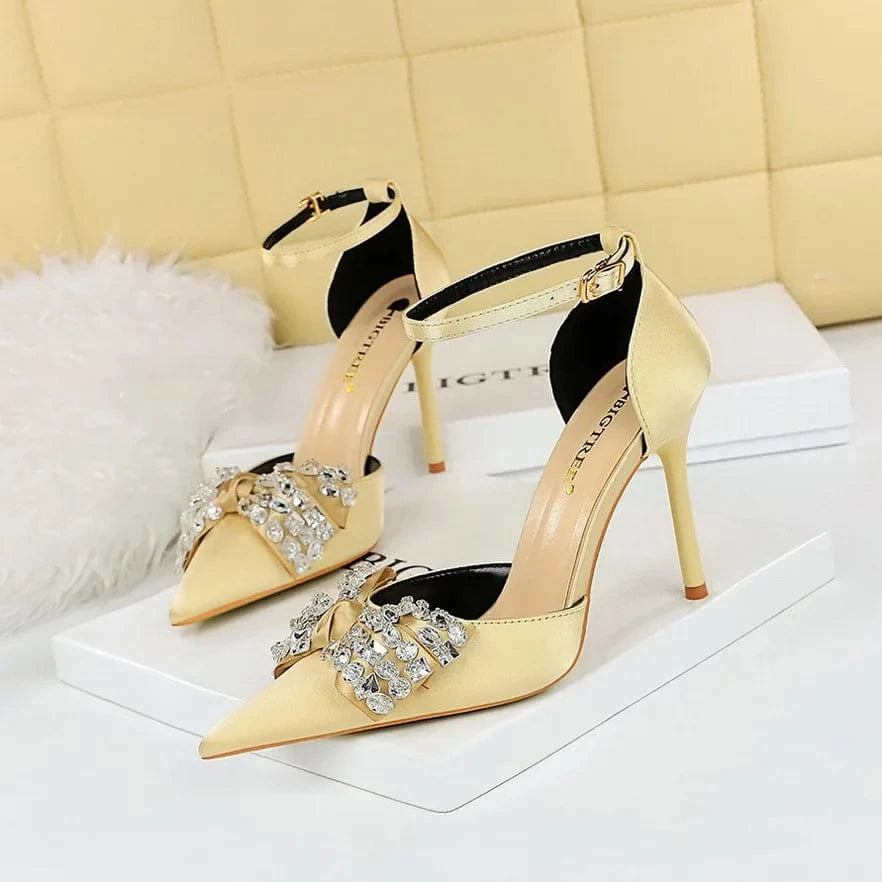 36 / Light Gold Summer Sandals Women Luxury Silk Satin Rhinestone Bowknot Buckle Shoes Pointed-toe Wrap-toe High Heels Sandals For Ladies Dating