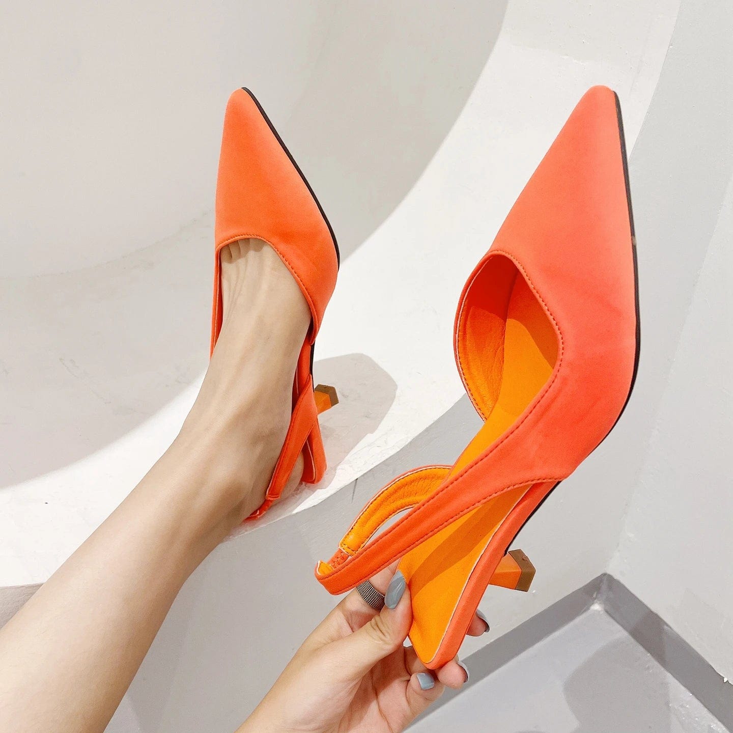 36 / Orange One word belt temperament sandals European and American stiletto pointed toe commuter shoes women's high heels all-match 202