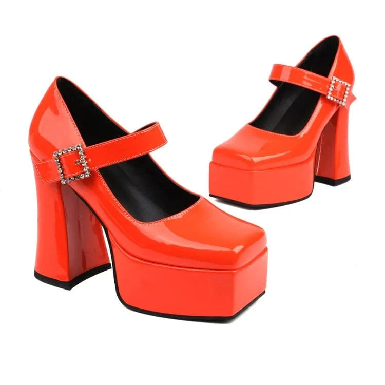36 / Orange Size 45 Wide Fit Ladies Pumps High Platform Chunky High Heels Shoe Square Toe Women Buckle Strap Mary Jane Shoes