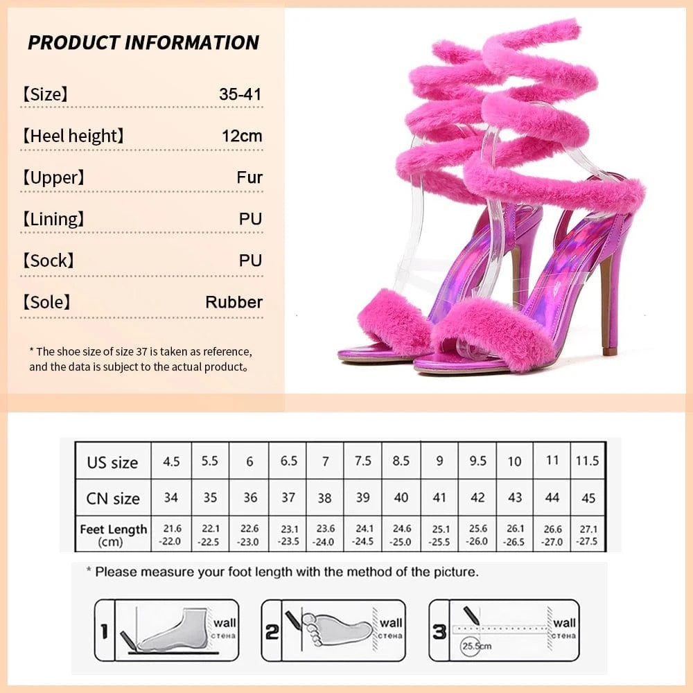 36 / Plum Brand Fashion New Pointed Toe Feather High Heels Sandals Plush Lace-Up Sexy Stiletto Nightclub Women Open Toe Shoes Design