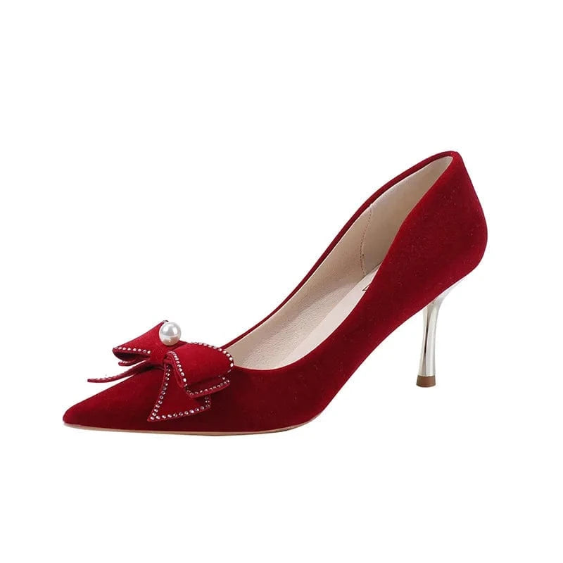 36 / Red 6.2cm China Latest Women's Red High Heel Spring Single Shoes Elegant Bow Bridesmaid Shoes women high heel shoes