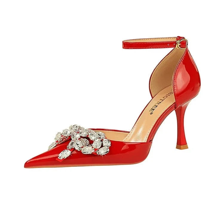 36 / Red Chaussures Femme Fashion Rhinestone Bowknot Decor Wrap-toe Shoes Ankle Strap Hollow Out High Heel Sandals Ladies Banquet Sandals