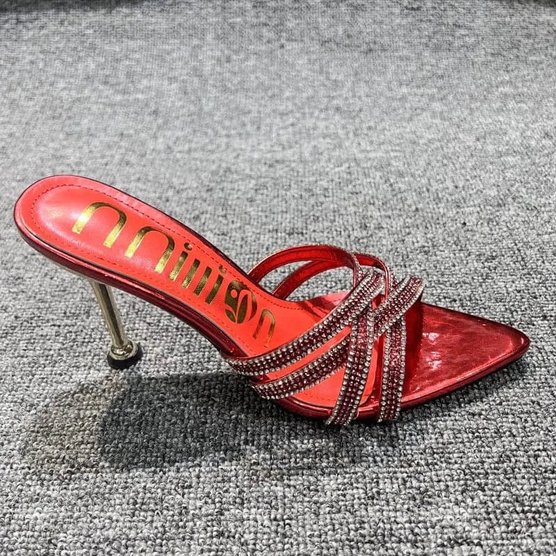 36 / Red Dropshipping Custom Logo Sexy Rhinestone Stiletto Heeled Sandals Women Shoes Pointed Toe High Heels Slippers for Ladies