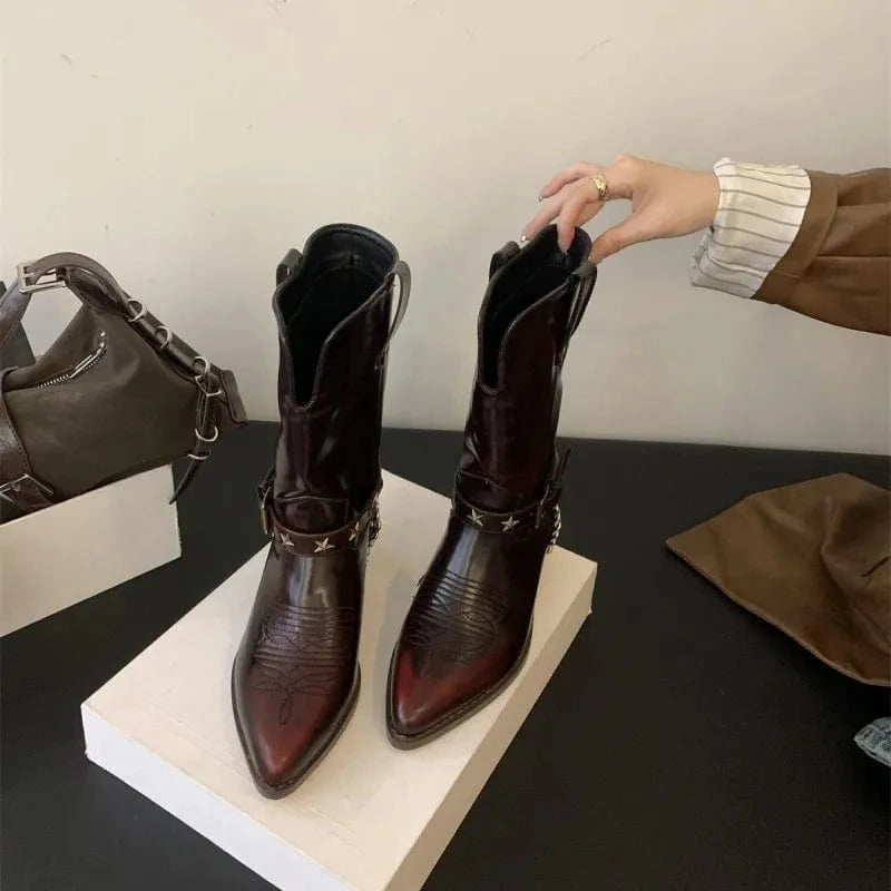 36 / Red Dropshipping Custom Logo Vintage Western Cowboy Boots for Women Pointed Thick Heel Rubber Shoes with Short Belt Buckle Winter