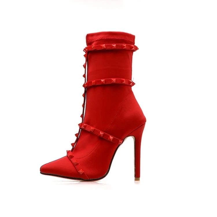 36 / Red Europe and the United States cross border women's large short boots new stretch cloth willow nail pointed stiletto shoes in wint