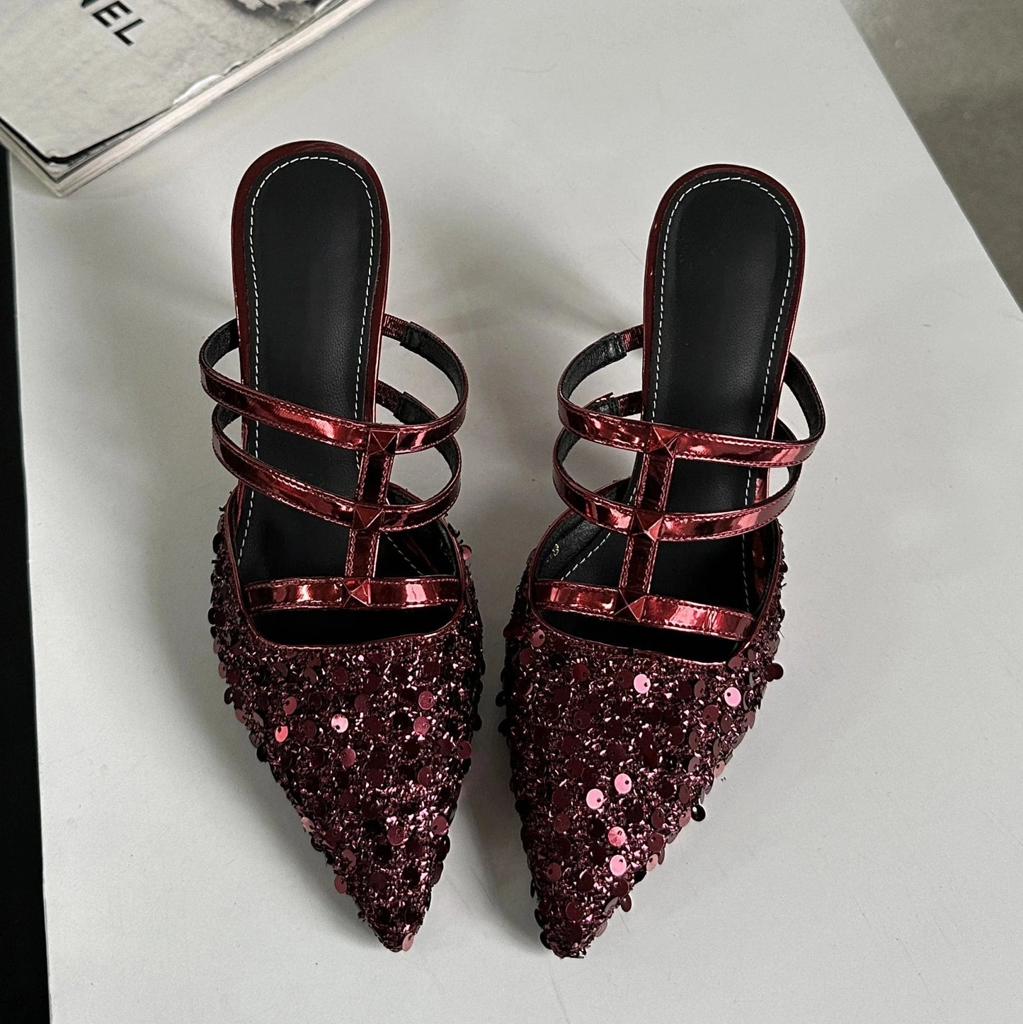 36 / Red Hot sale 2024 new fashion slippers sequins pointed heel shoes 8.5cm high heels hypermarket