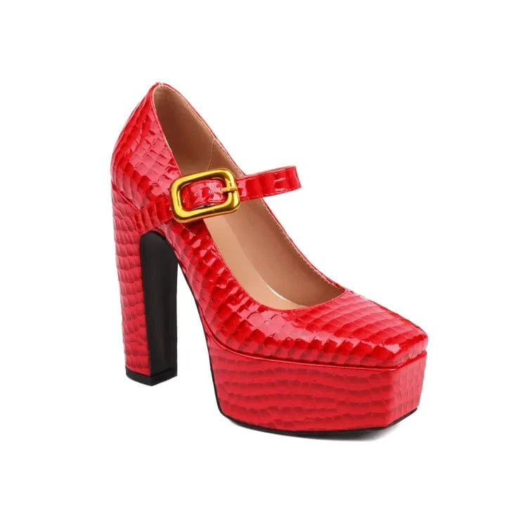 36 / Red Ladies Animal Prints Green Pumps High Platform Chunky High Heels Shoe Square Toe Women Buckle Strap Mary Jane Shoes