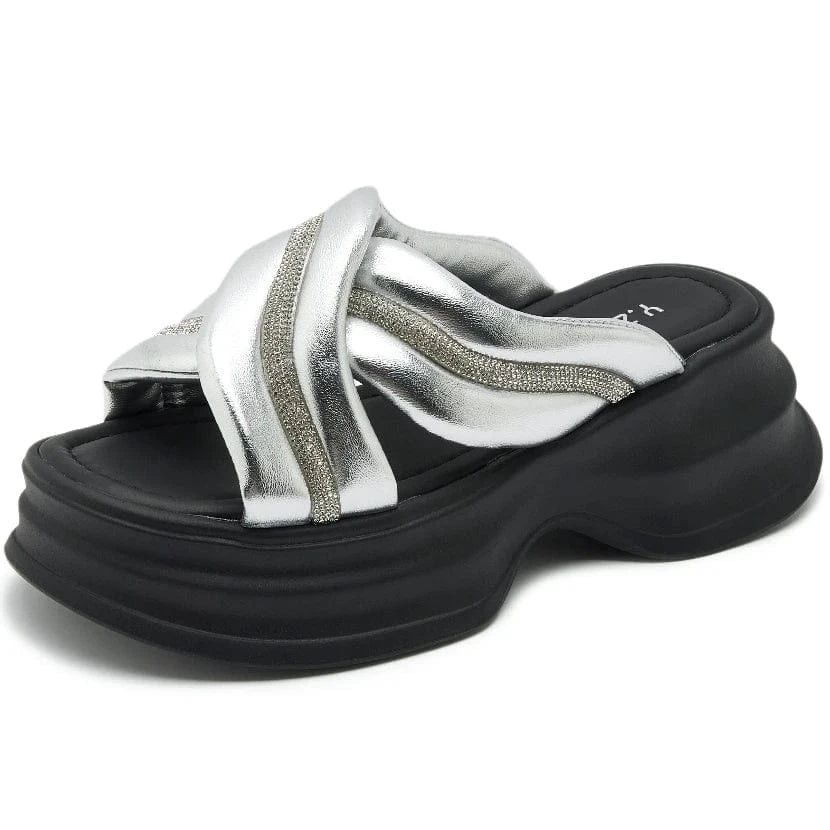 36 / silver Dropshipping Custom Logo Rhinestone Chunky Platform Sandals Women Shoes Comfortable Ladies Slides Beach Slippers