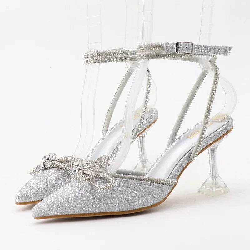 36 / silver Summer Sandals Women Top Sell Rhinestone Bowknot Sequined Decor Shoes Wrap-toe Lace Up Thin Heels Sandals For Ladies Dating Shoe