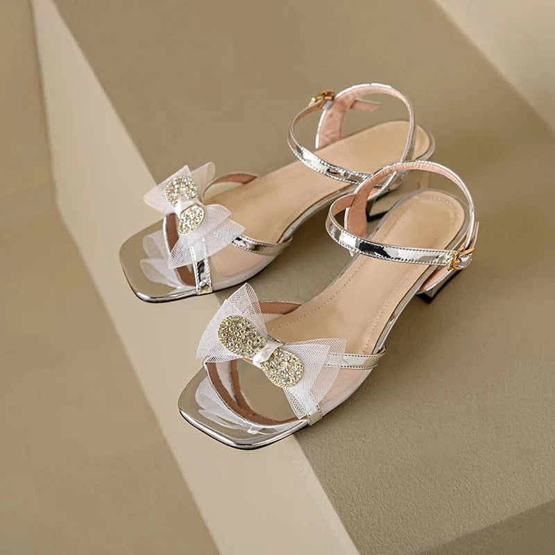 36 / silver Ubililia Wholesale Sweet Pearl Butterfly High Heel Sandals Women Shoes Korean Style mesh Knot Thick Heel One Buckle Sandals