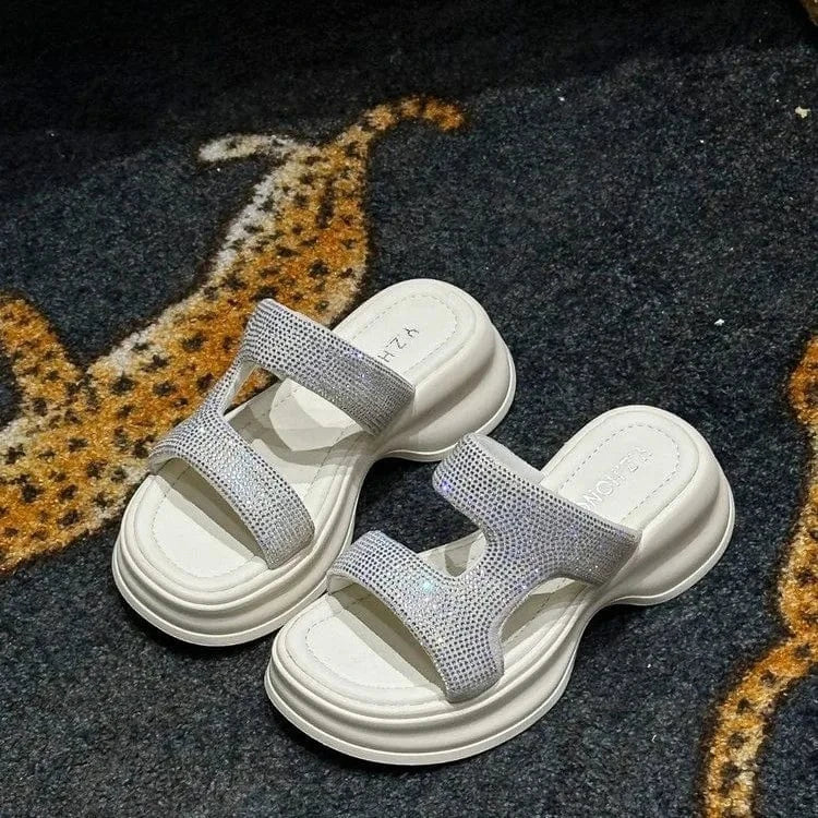 36 / White Dropshipping Custom Logo White Rhinestone Chunky Sandals Women Comfortable Ladies Wedges Slides Slippers