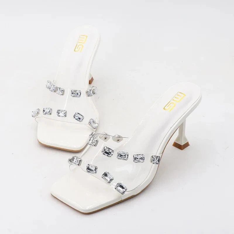 36 / White Women Casual Sandals Sexy Transparent Rhinestone Decor Chaussures Femme Open-toe T-strap High Heel Sandals Ladies Party Slippers