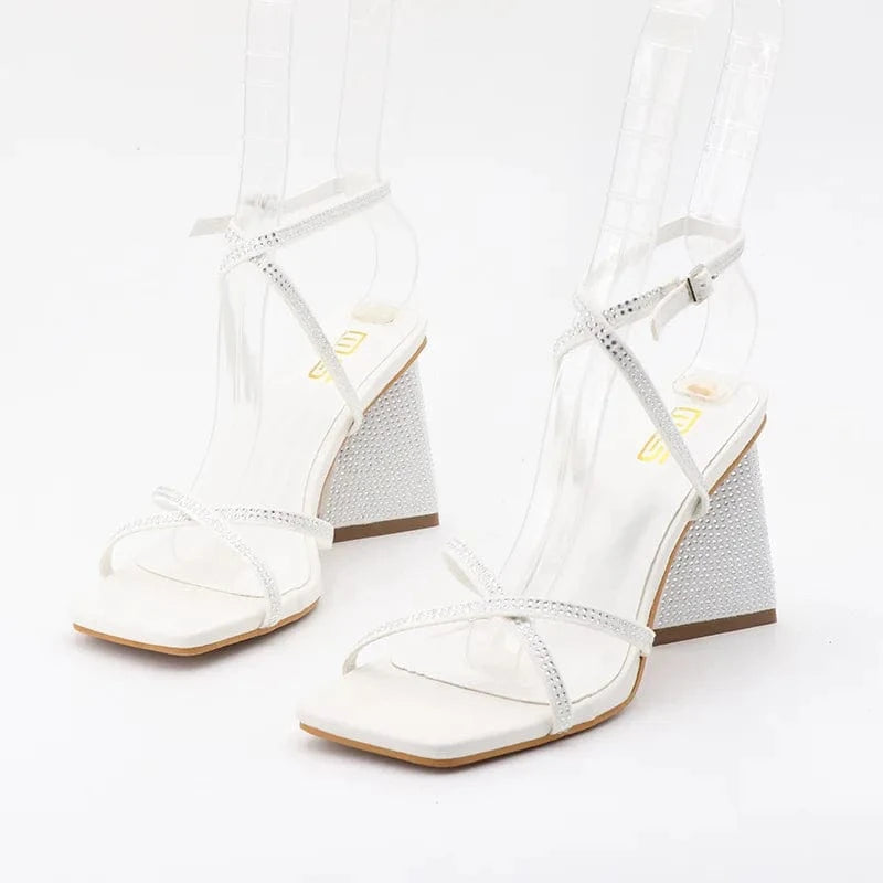 36 / White Women Casual Sandals Top Sell Rhinestone Decor Square-toe Roman Shoe Hollow Out Ankle Strap Chunky Heel Sandals For Ladies Party