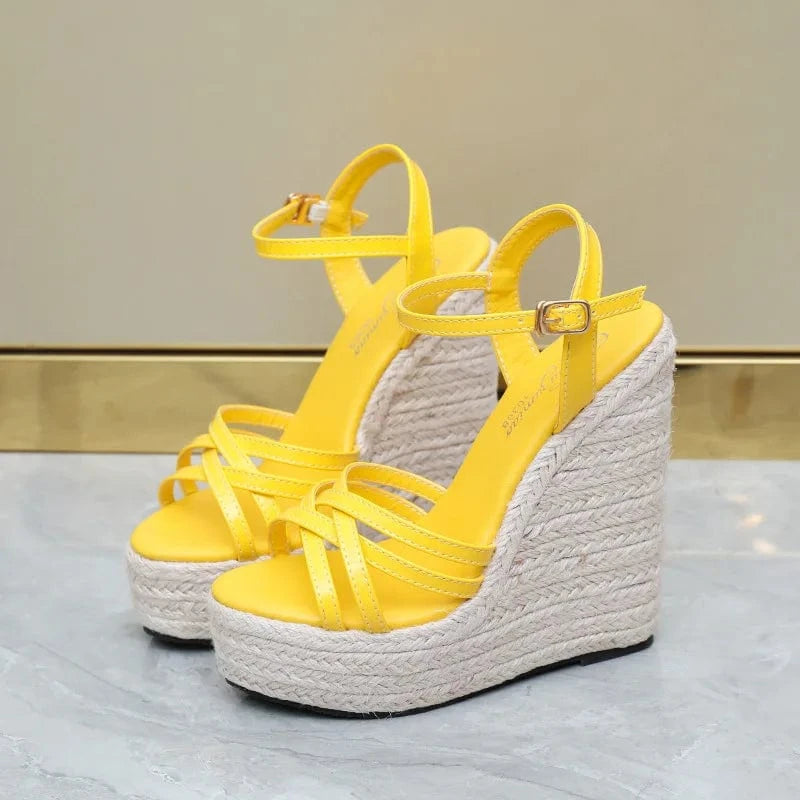 36 / Yellow Summer Sandals Women Simple Solid Color Round Toe Shoe Open-toe Ankle Strap Large Size Wedge Heels Sandals For Ladies Travelling
