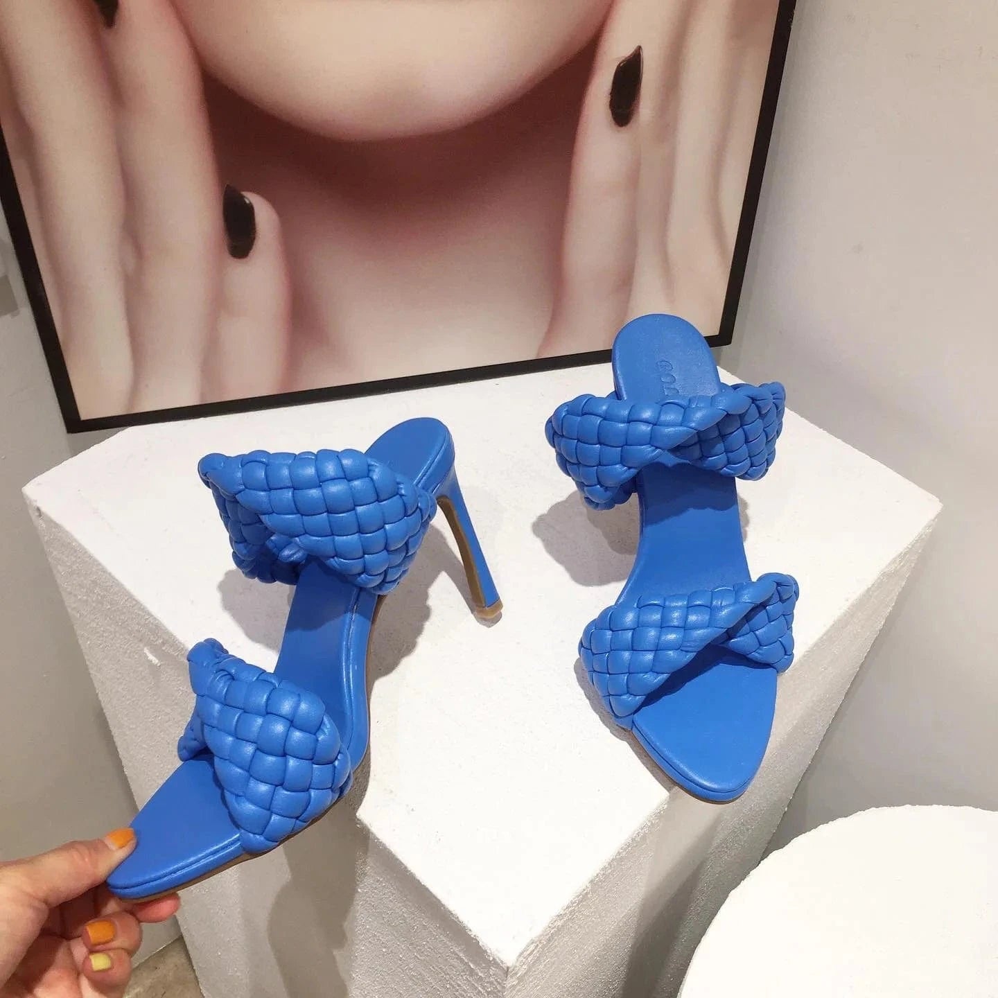 37 / 3 Designer stiletto heels women shoes sandals slippers Fashion pointed Toe Slides Heels for Ladies Braid Woven Zapatos Altos Mules