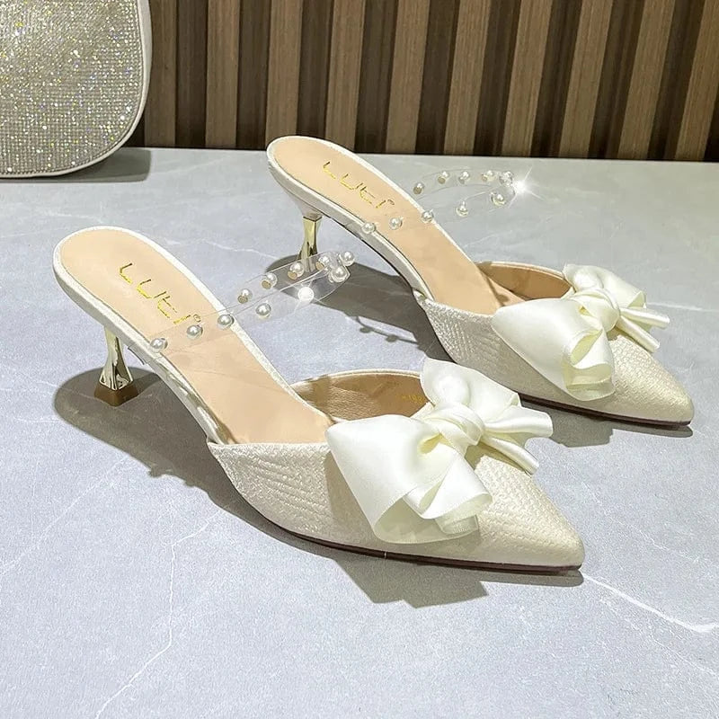 37 / Apricot` Fashion Women Shallow Bowknot Sandal Slippers New Summer Female T-strap Pearls High Heel Pumps