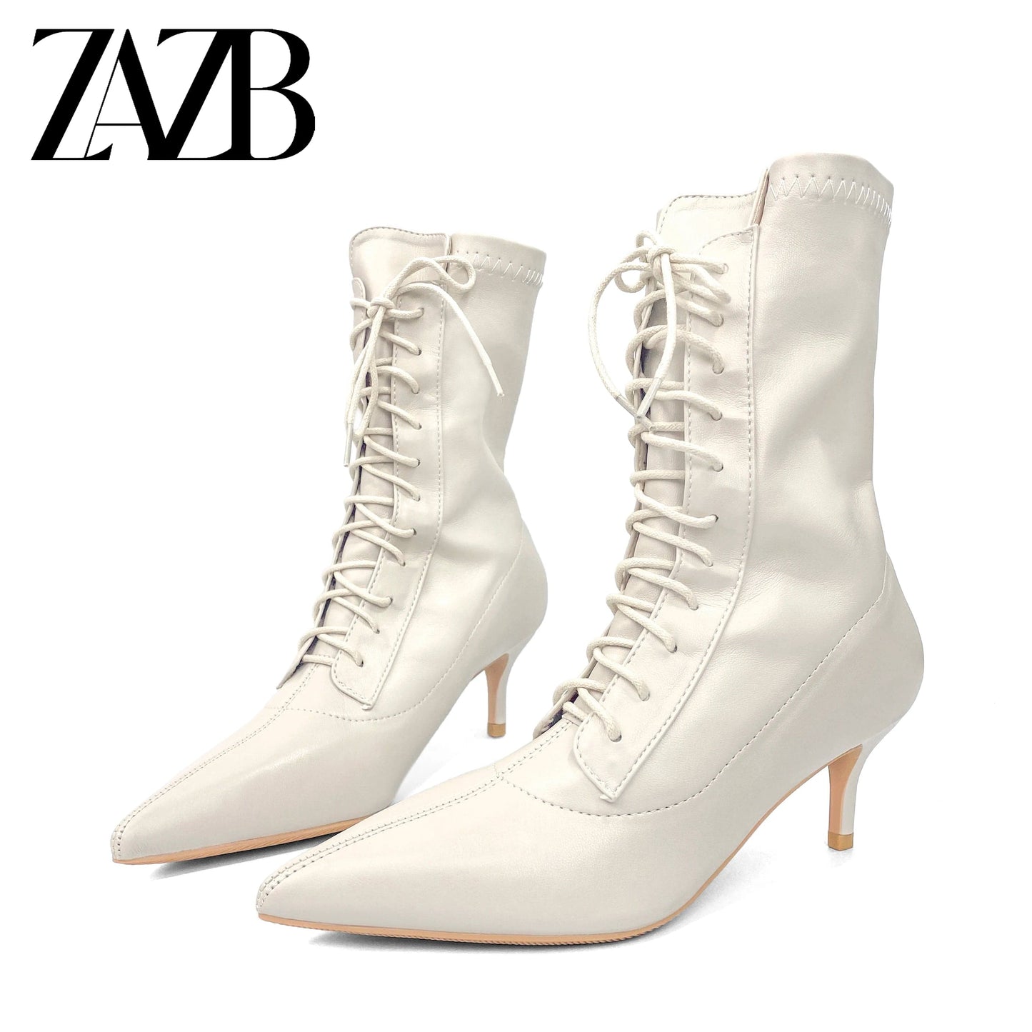 37 / apricot New Winter Autumn black Stiletto boot leather Pointed Toe Ladies Boots High Heels Middle cylinder Booties Women Lace up shoes