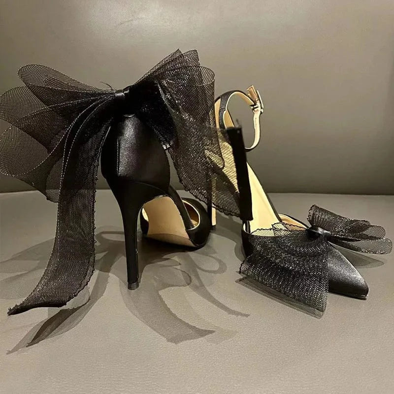 37 / Black 10cm Chaussures Femme Elegant Silk Satin Bowknot Decor Shoes Hollow Out Ankle Strap High Heel Sandals Ladies Dating Banquet Sandalias