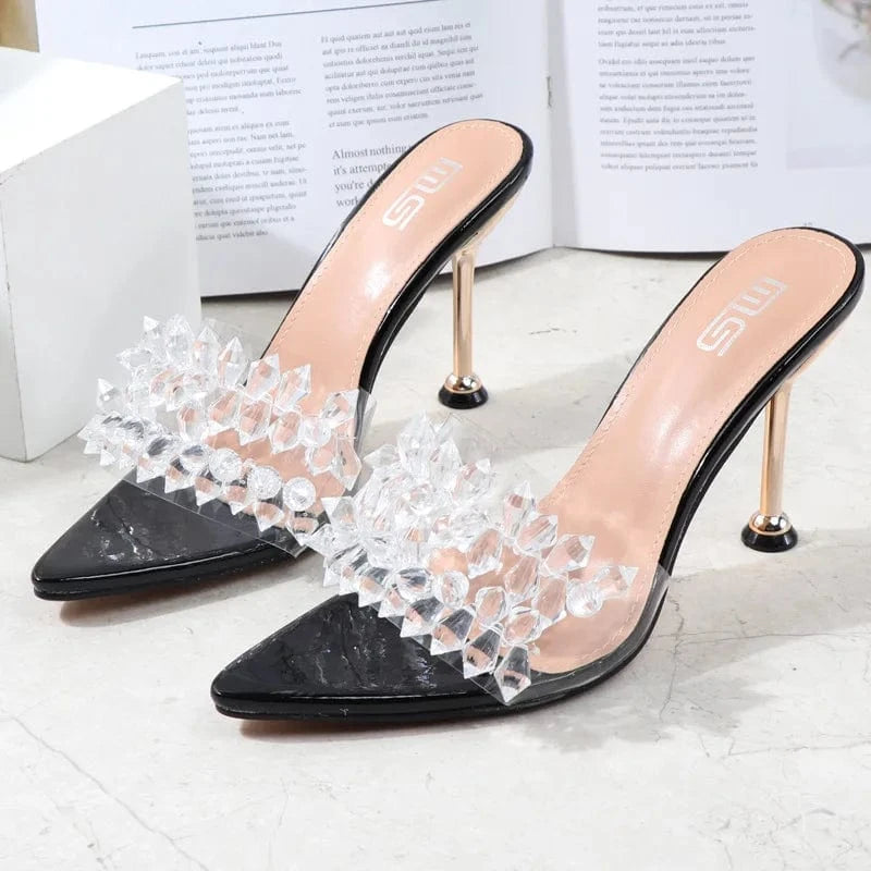 37 / Black 2022 Fashion Women Summer High Heels Stilettos Female Pointed-toe Rhinestone Sandals Sexy Outside Ladies Daily Slippers