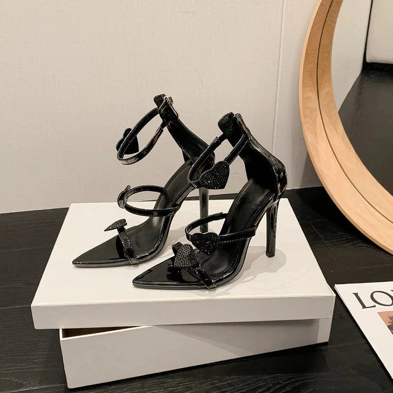 37 / Black 2024 New Star style with love rhinestone slim high heel sexy sandals ready stock