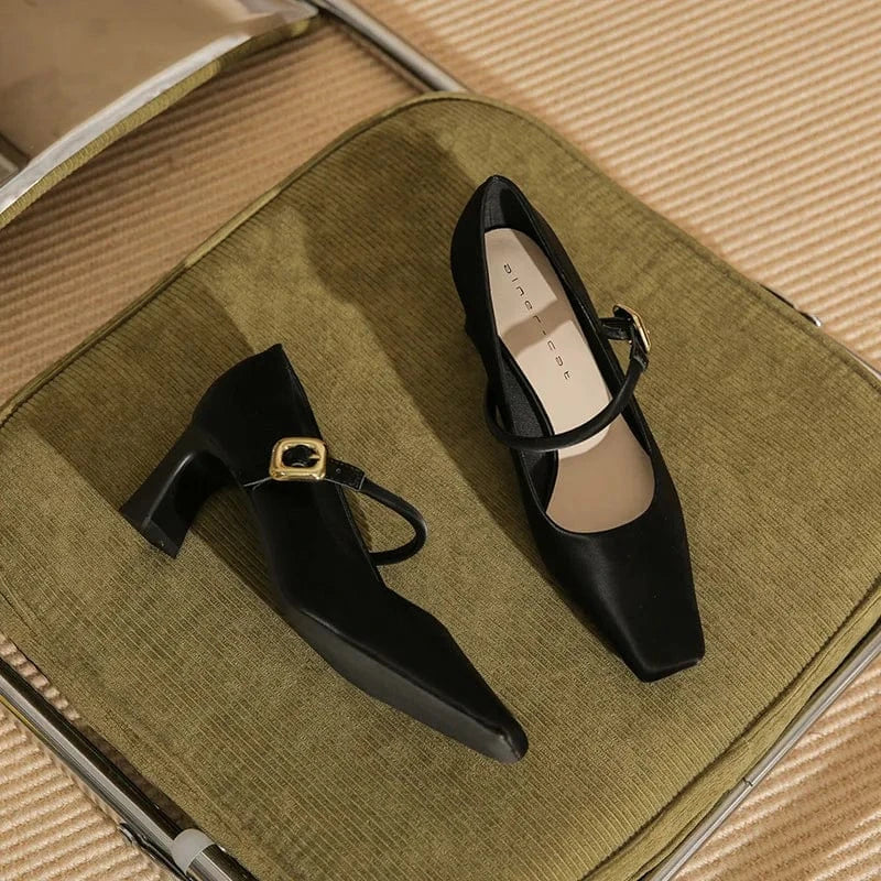 37 / Black 6cm Autumn Women Pumps Simple Solid Color Wrap-toe Mary Jane Zapatos De Mujer Square-toe Shallow High Heel Pumps Ladies Dating Shoes