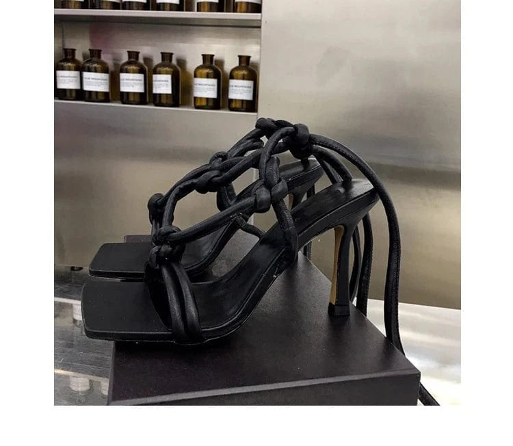 37 / Black factory price custom made low price colors square toe stiletto knitted special design women heel sandals for ladies