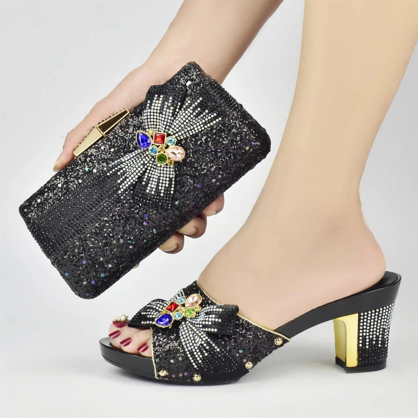 37 / Black Ladies African Italian Party Women Luxury High Quality Matching Sandal Bag Ang And Sandal Bag Matching Low Heels Sandals