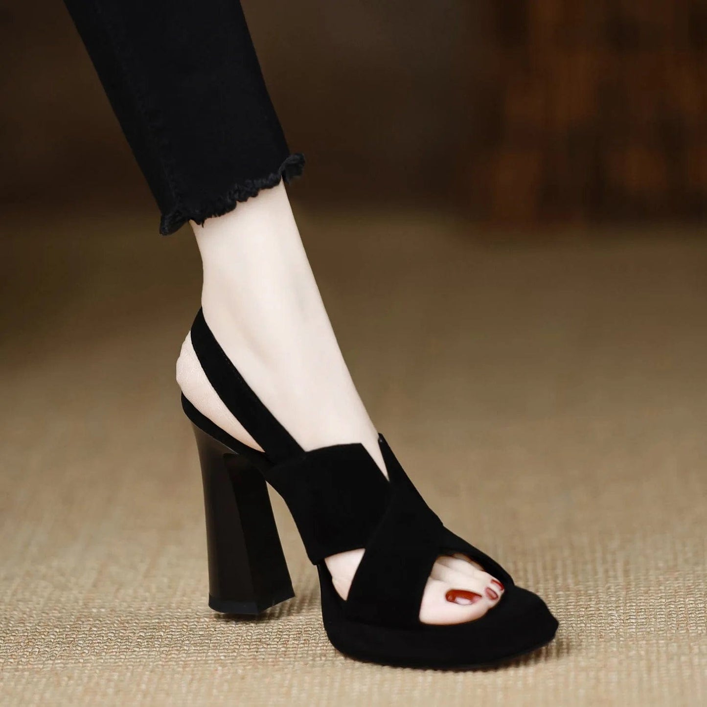 37 / Black new high heel matte leather waterproof platform open toe black sandals women's shoes