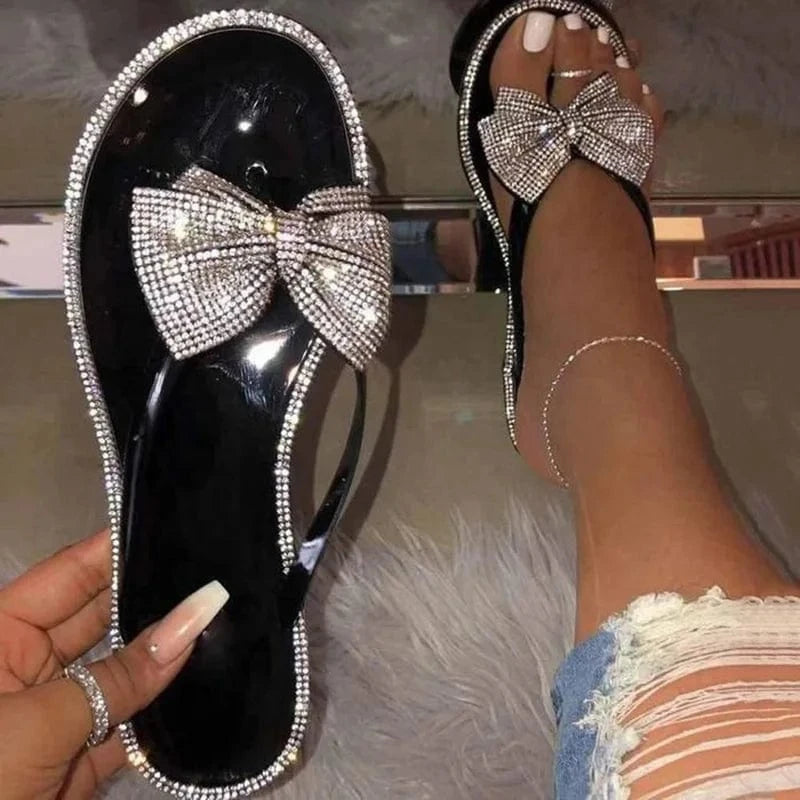 37 / Black Summer Ladies Slippers Women Shoes Crystal Cute Bow Flat Heel Female Flip Flops Beautiful Woman Beach Slippers Summer Sandals