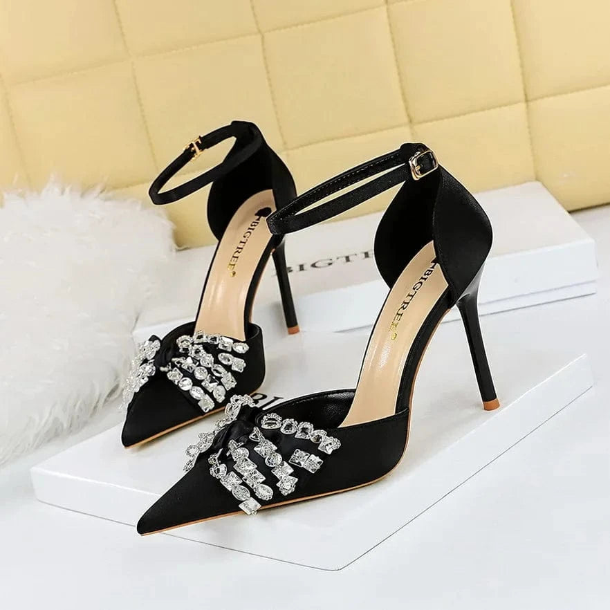 37 / Black Summer Sandals Women Luxury Silk Satin Rhinestone Bowknot Buckle Shoes Pointed-toe Wrap-toe High Heels Sandals For Ladies Dating