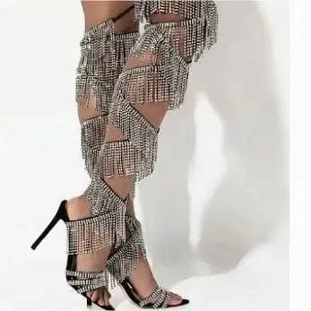 37 / Black Ubililia Ladies Party lace up stiletto High Heel Sandals Sexy Bling Rhinestone Tassel diamonds cross straps sandals for women