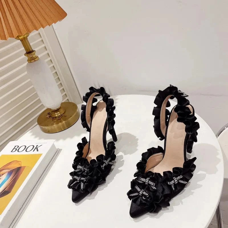 37 / black ZHEZHE Women Sandals Ladies Pumps Diamond Mini Bow Women High Heel Shoes 2023 Fashion Wavy Pink Satin botas de mujer