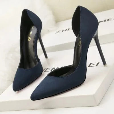37 / Blue Fashionable and simple stiletto high-heeled suede shallow mouth pointed side sexy hollow women's single shoes