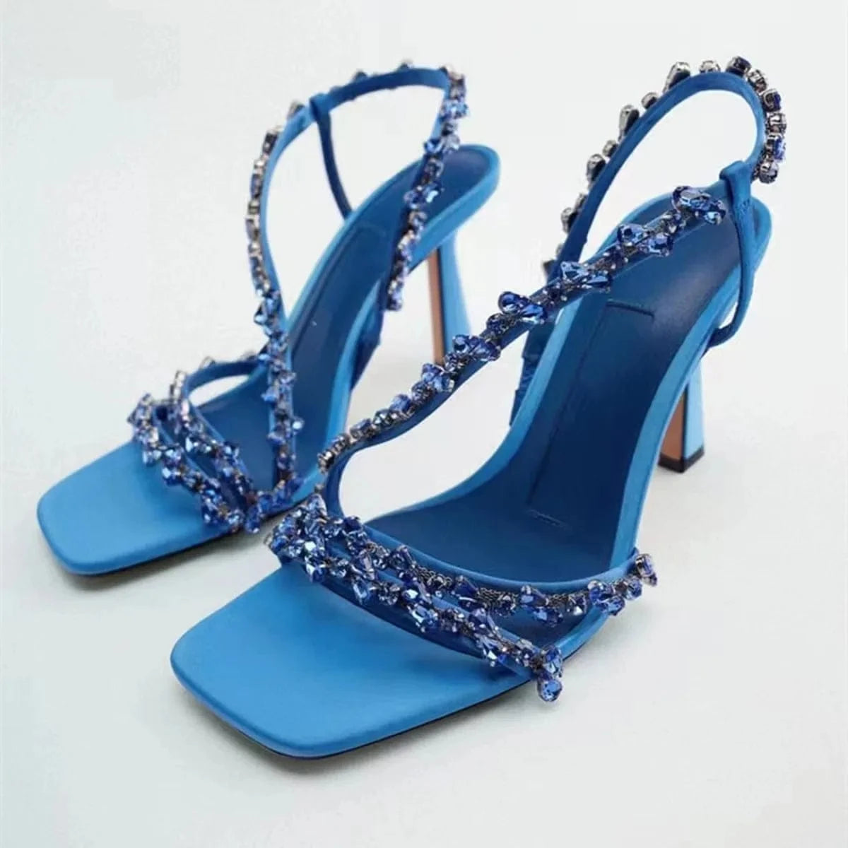 37 / Blue J&H 2022 design diamond straps high heeled sandals women summer trendy rhinestone stiletto chic square toe shoes