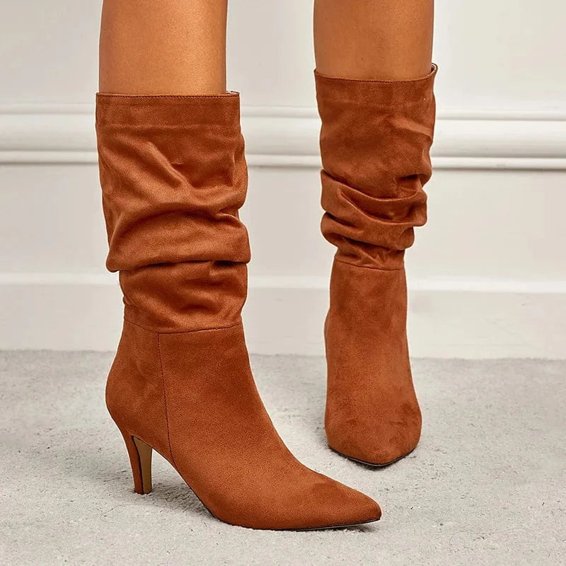 37 / Brown PDEP 2023 spring plus size catwalk wrinkled artificial suede stiletto heel boots shoes for women knee-high