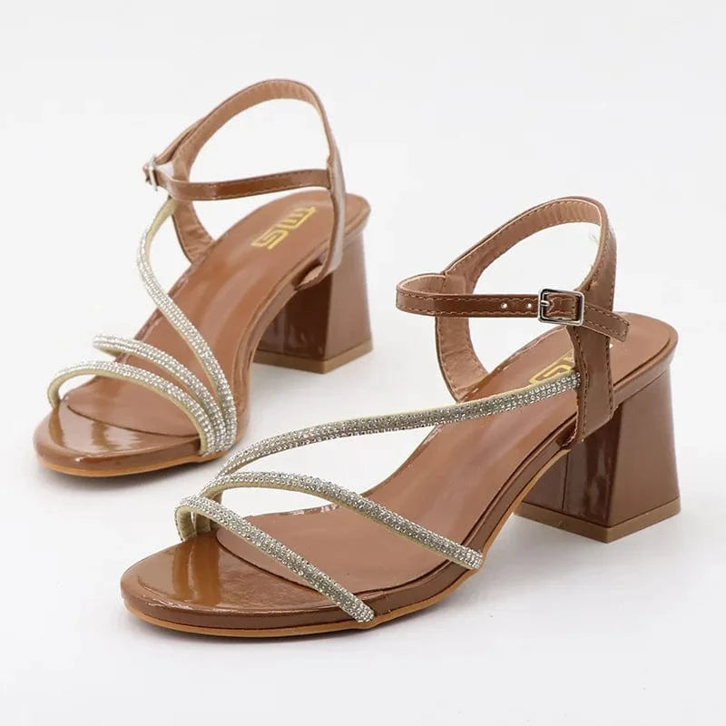 37 / Brown Women Shoes 2023 Fashion Rhinestone Decor Round-toe Shoe Side Hollow Out Ankle Strap Chunky Heel Sandals Ladies Nightclub Sandal