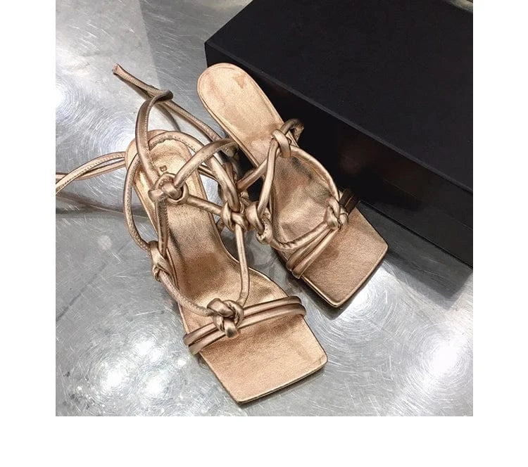 37 / champagne factory price custom made low price colors square toe stiletto knitted special design women heel sandals for ladies