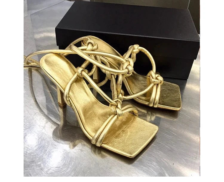 37 / Gold factory price custom made low price colors square toe stiletto knitted special design women heel sandals for ladies