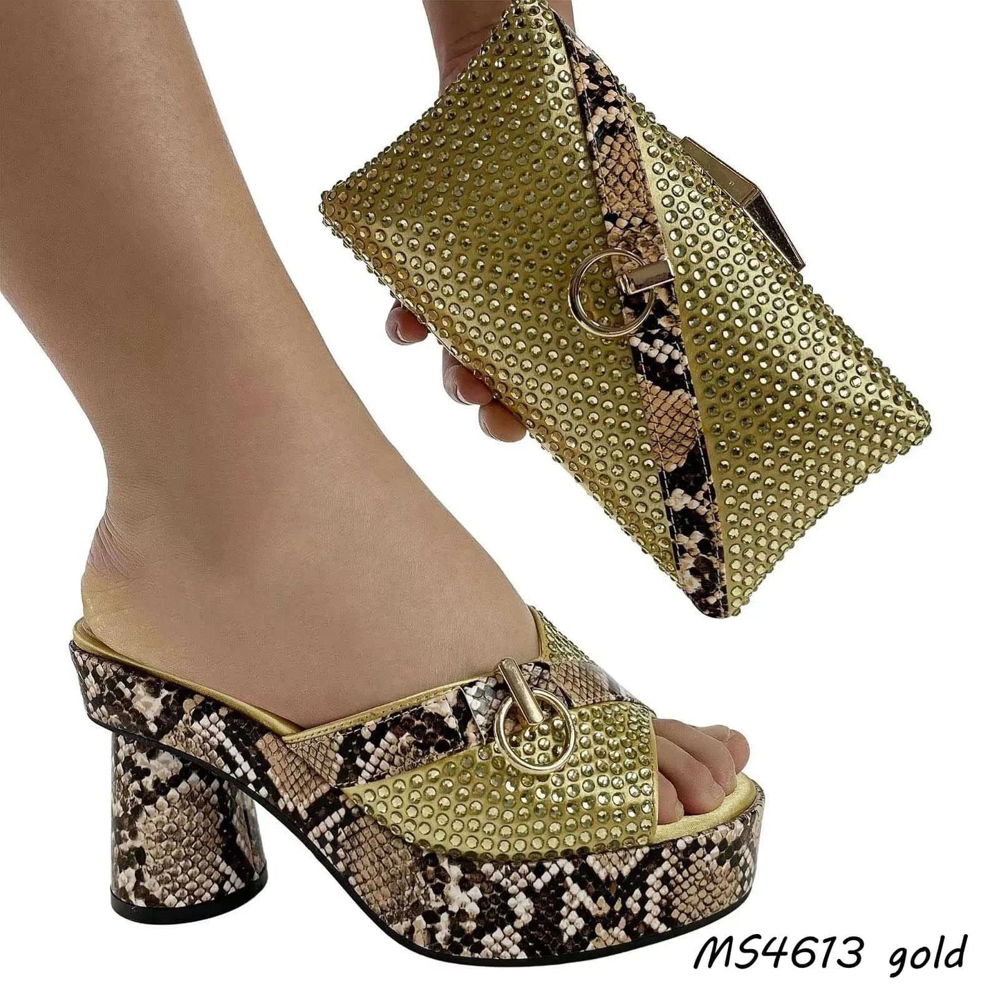 37 / Gold Italian Shoe Bag Set Chunky Low Heels and Matching Clutch African women pump Nigerian Women Party Shoe Bag Set