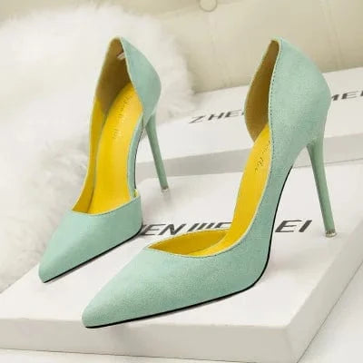 37 / Green Fashionable and simple stiletto high-heeled suede shallow mouth pointed side sexy hollow women's single shoes