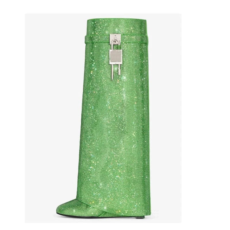 37 / Green J&H Hot Pink Rhinestone Knee High Boots For Women Wedge Heels Women's Luxury Designer Shoes Metal Lock Shark Boots